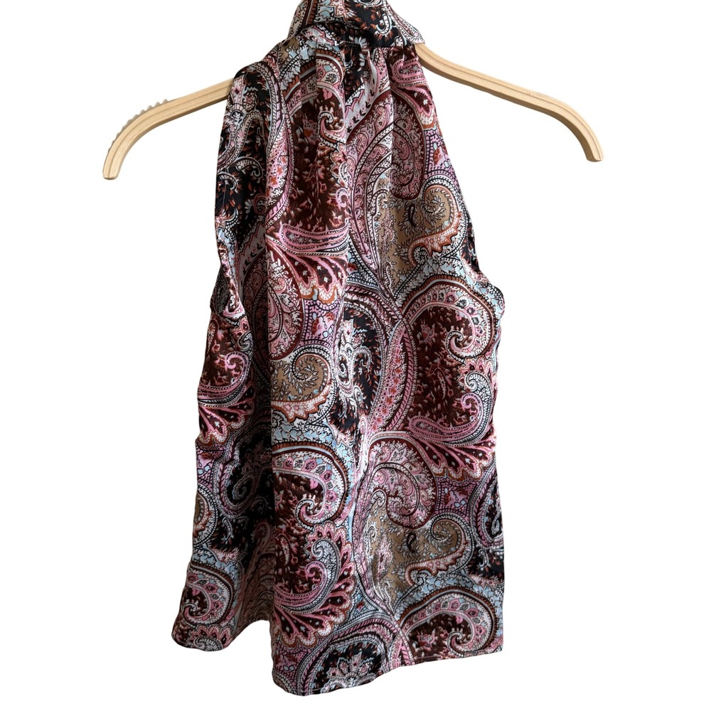 y2k vtg Forever Heather Pink Brown Paisley Tie High Neck Halter Blouse Small